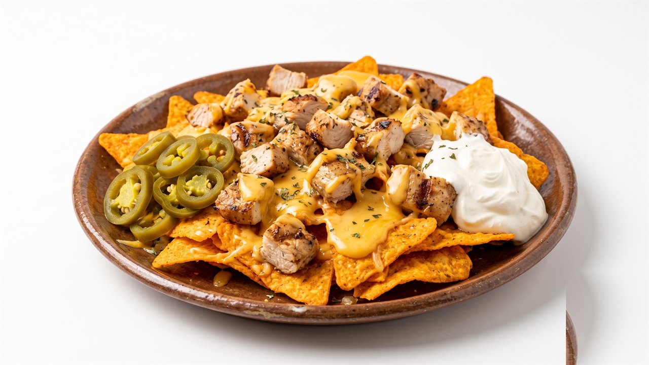 Doritos chicken nachos plate — grilled chicken, nacho cheese, jalapenos and sour cream