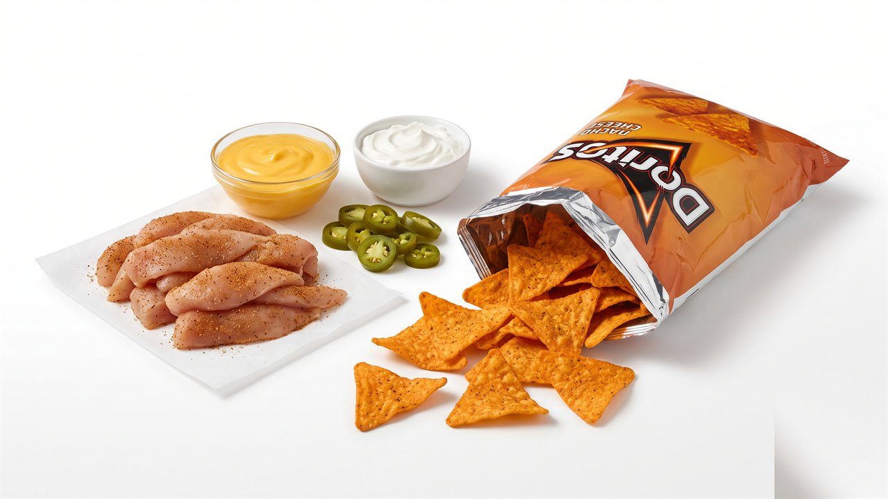 Open Doritos bag with raw seasoned chicken, nacho cheese, jalapenos and sour cream ready to become nachos