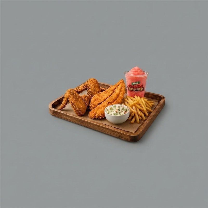 Boneless fish meal with fries and coleslaw