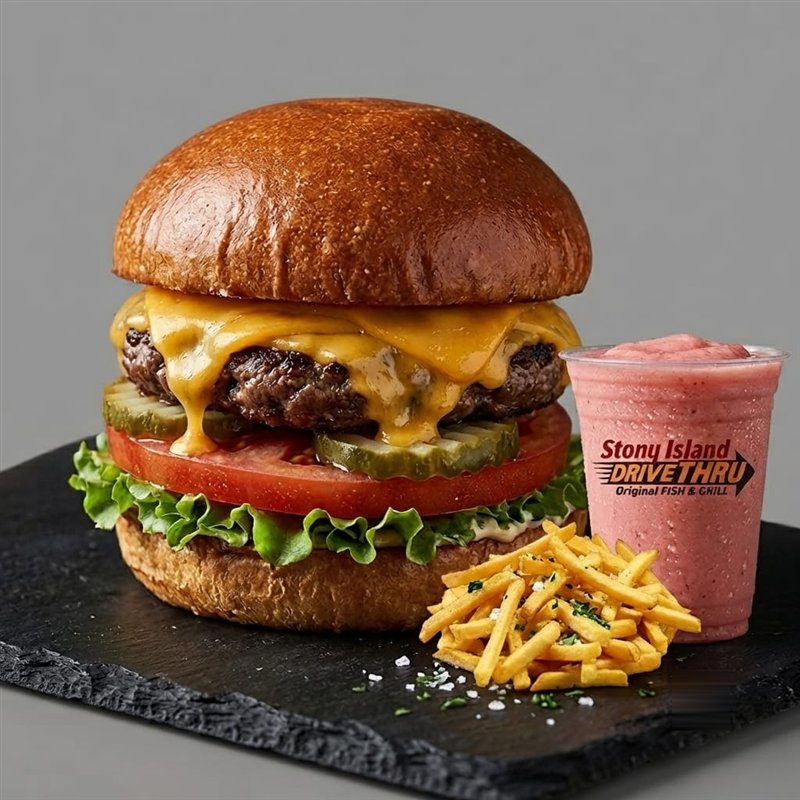 Cheeseburger meal with fries and shake