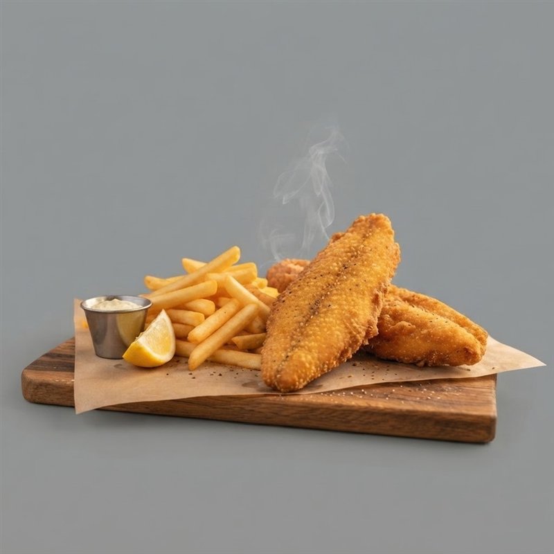 Fried fish fillets with fries and lemon
