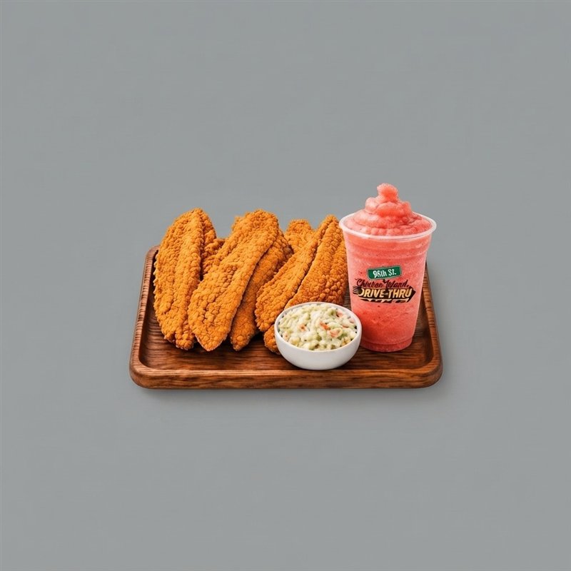 Five fish fillets with coleslaw and frozen lemonade