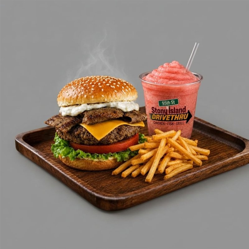 Gyro cheeseburger meal with fries and drink