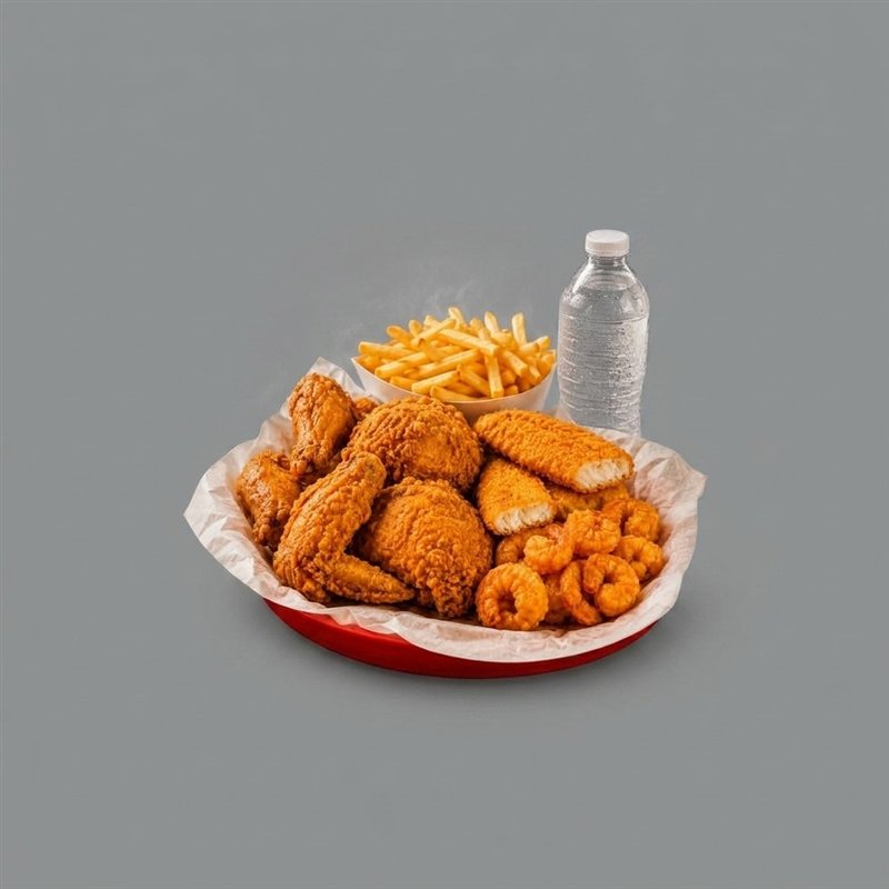 Lunch special basket with chicken, fish, shrimp, fries and bottle water