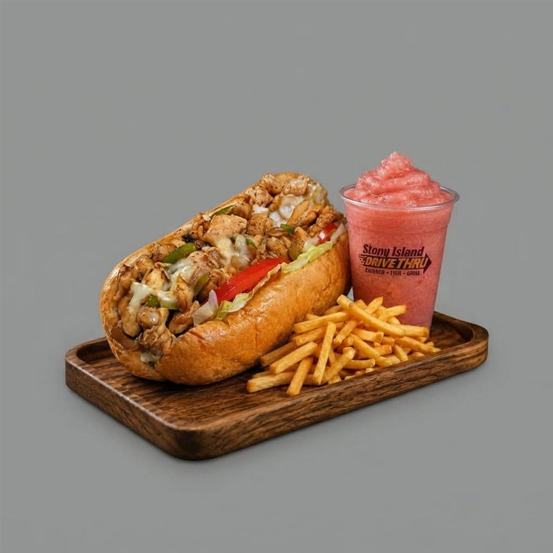 Philly chicken sandwich with fries and drink