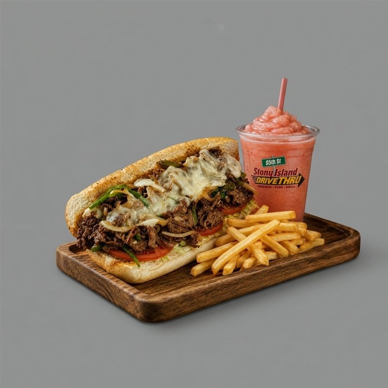 Philly steak sandwich with fries and drink