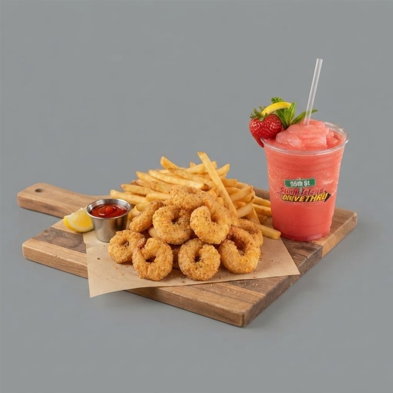Fried shrimp meal with fries and drink
