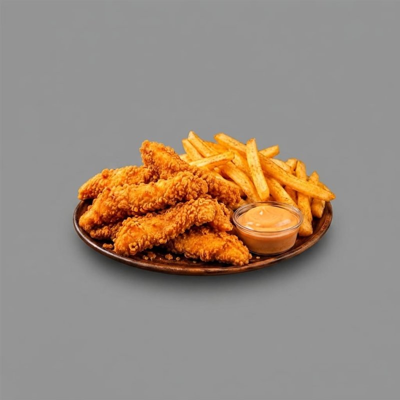 Chicken tenders with fries and dipping sauce