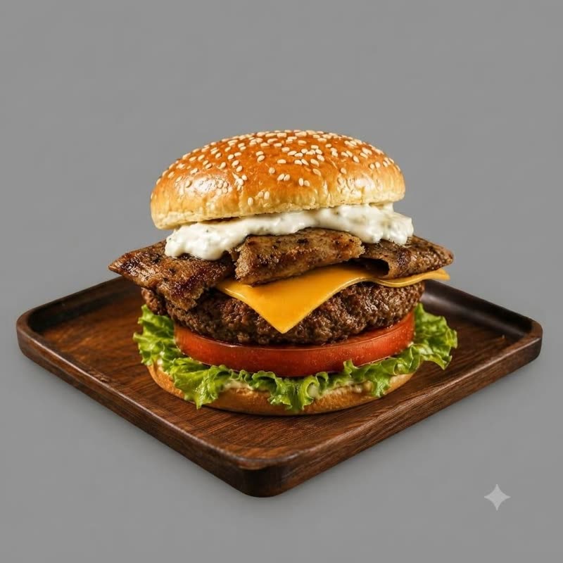 Gyro cheeseburger meal with fries and drink