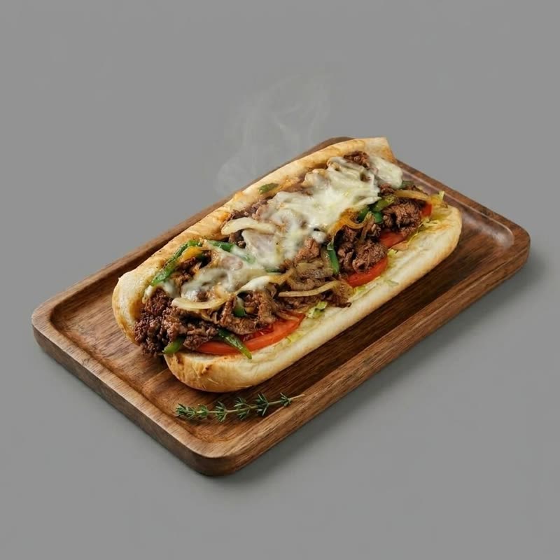 Philly steak sandwich with fries and drink