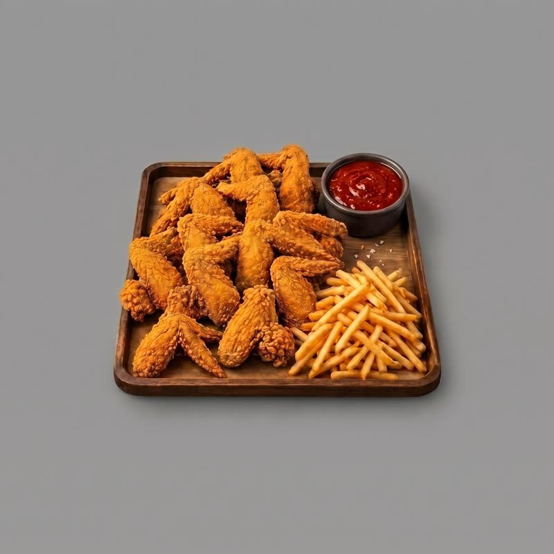 Ten crispy whole wings with fries