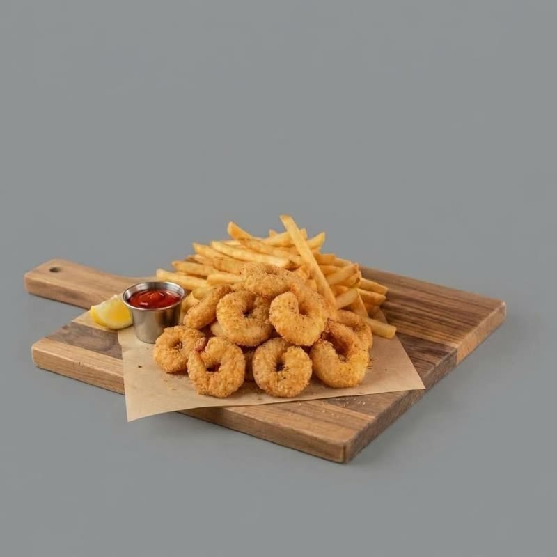 Fried shrimp meal with fries and drink